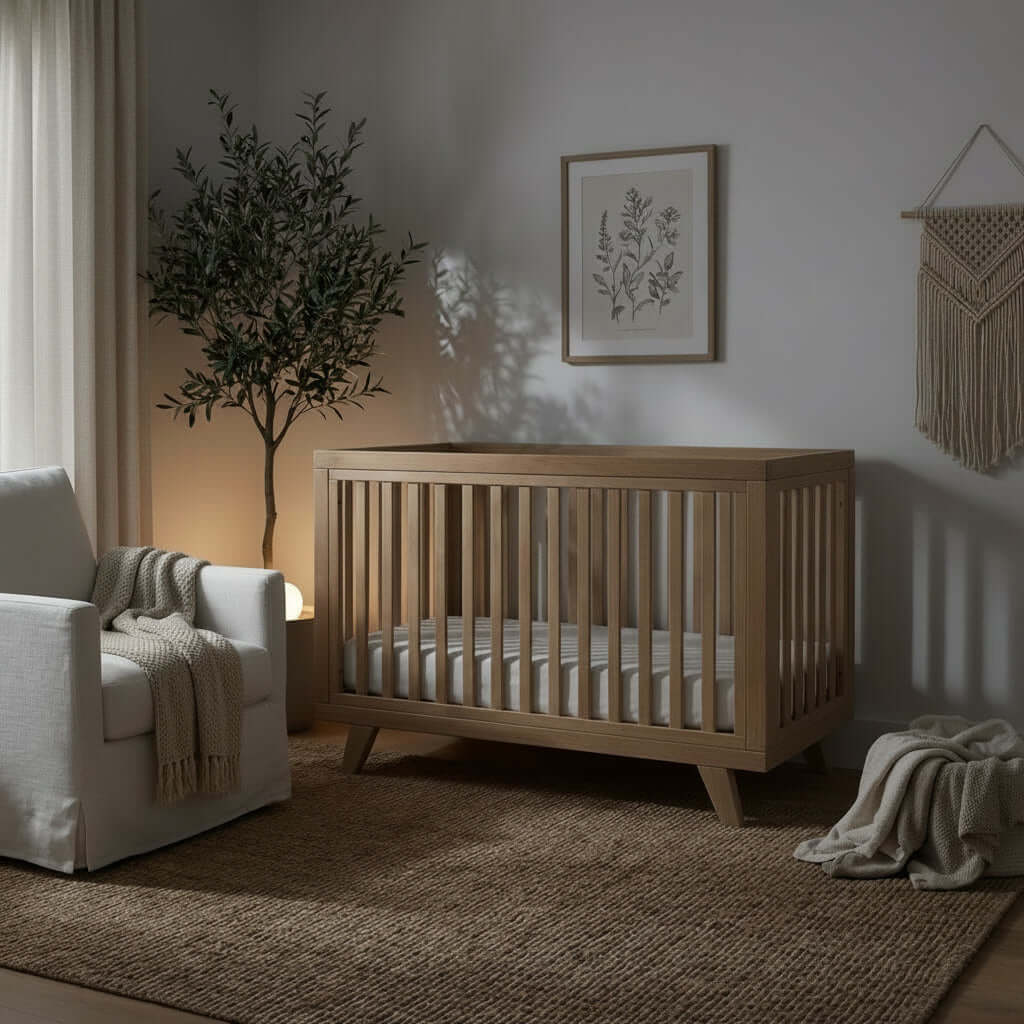 Solid Oak Cot Bed in a nursery ready for bedtime