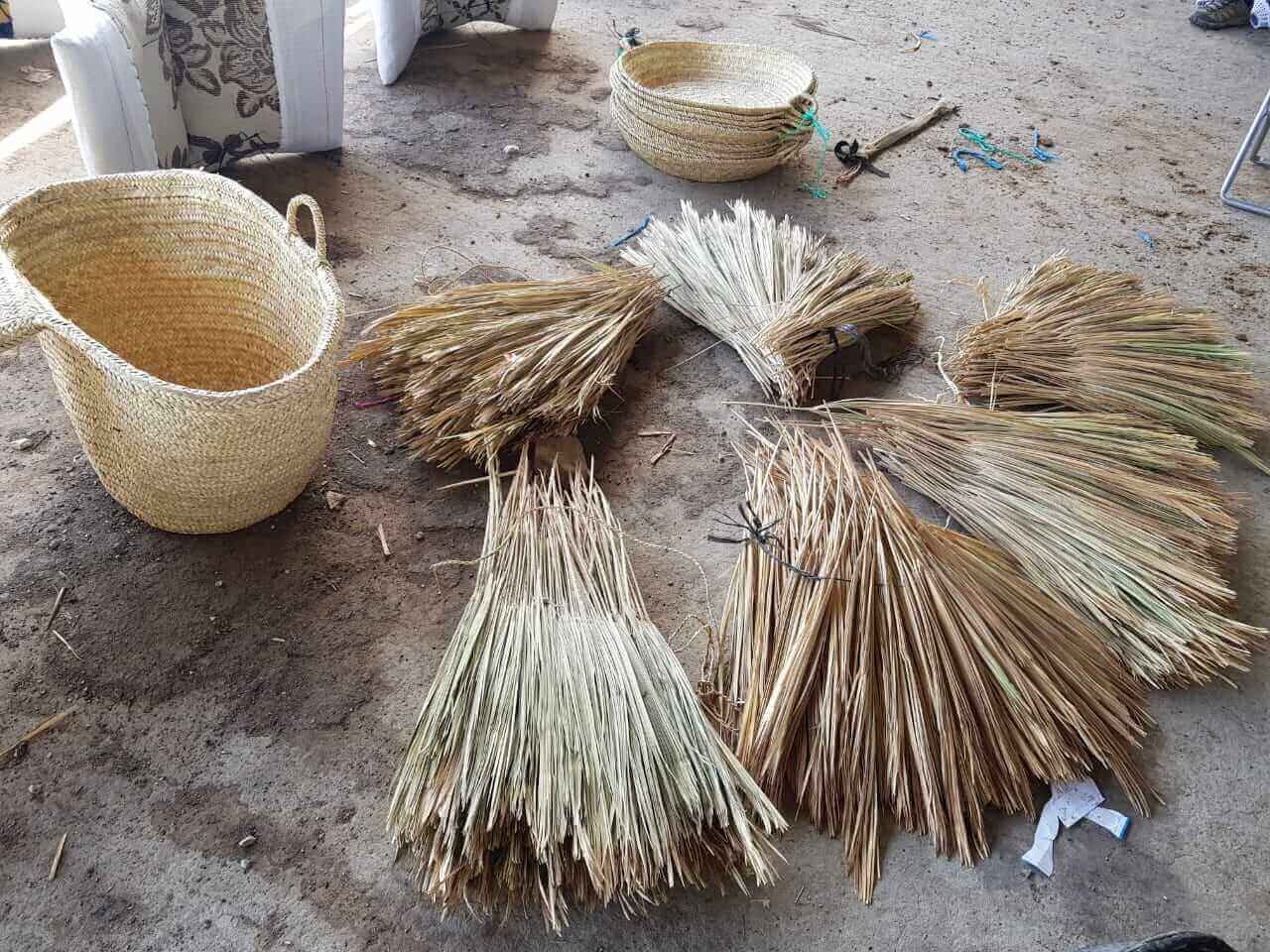 Image of palm fronds laid out on the floor of a Moroccan factory ready to be handwoven into a Palm Moses basket | Handcrafting Our Palm Moses Baskets | News - Clair de Lune UK