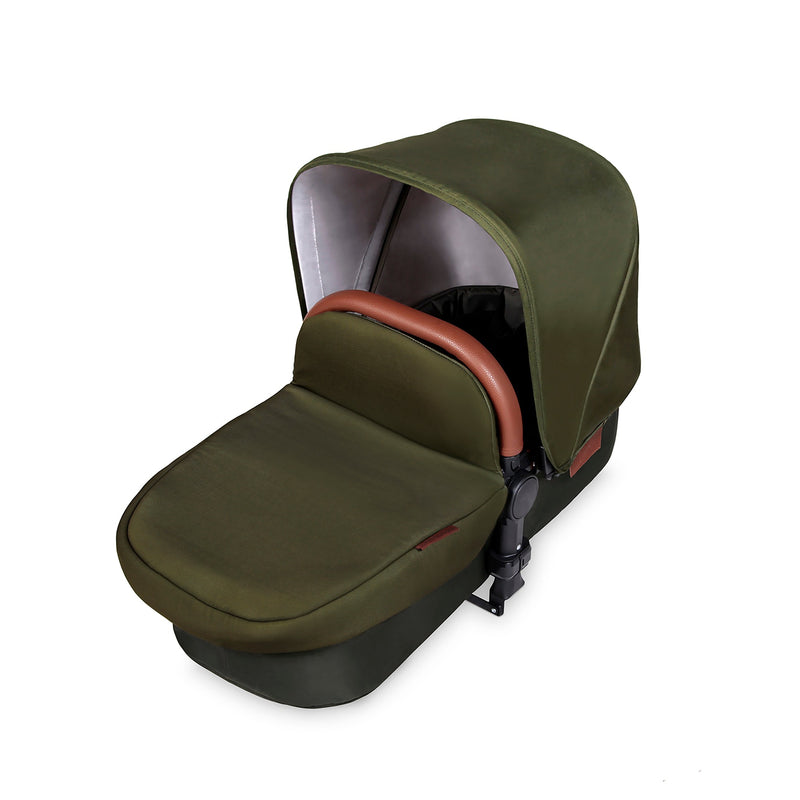 The included matching carrycot from the Woodland Green Ickle Bubba Stomp V4 2 in 1 Pushchair & Carrycot | Pushchairs and Travel Systems | Baby & Kid Travel - Clair de Lune UK