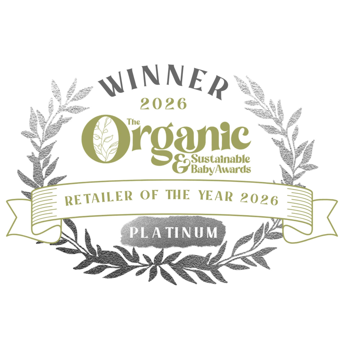 Award badge for 'The Organic & Sustainable Baby Awards' showing a 'Platinum Winner 2026 Retailer of the Year 2026' for Clair de Lune UK