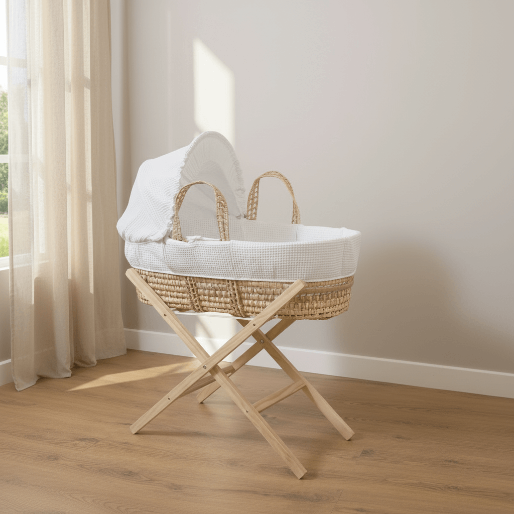 White Waffle Palm Moses Basket With Stand & Bedding Bundle | Moses Baby Basket & Bassinet - Clair de Lune UK