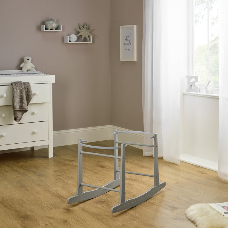 Grey Standard Rocking Moses Basket Stand next to a changing unit in a nursery room | Moses Basket Stands | Moses Baskets and Stands | Co-sleepers | Nursery Furniture - Clair de Lune UK