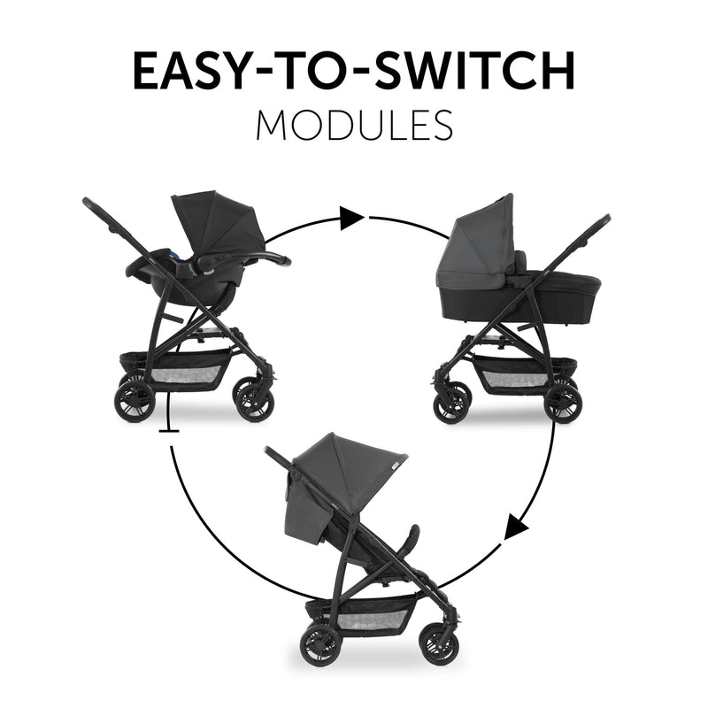 Three ways to pair the pushchair chassis with the carrycot, cart seat and pushchair unit from the Hauck Rapid 4 Trio Travel System in Grey | Buggies, Strollers & Pushchairs | Travel With Baby - Clair de Lune UK