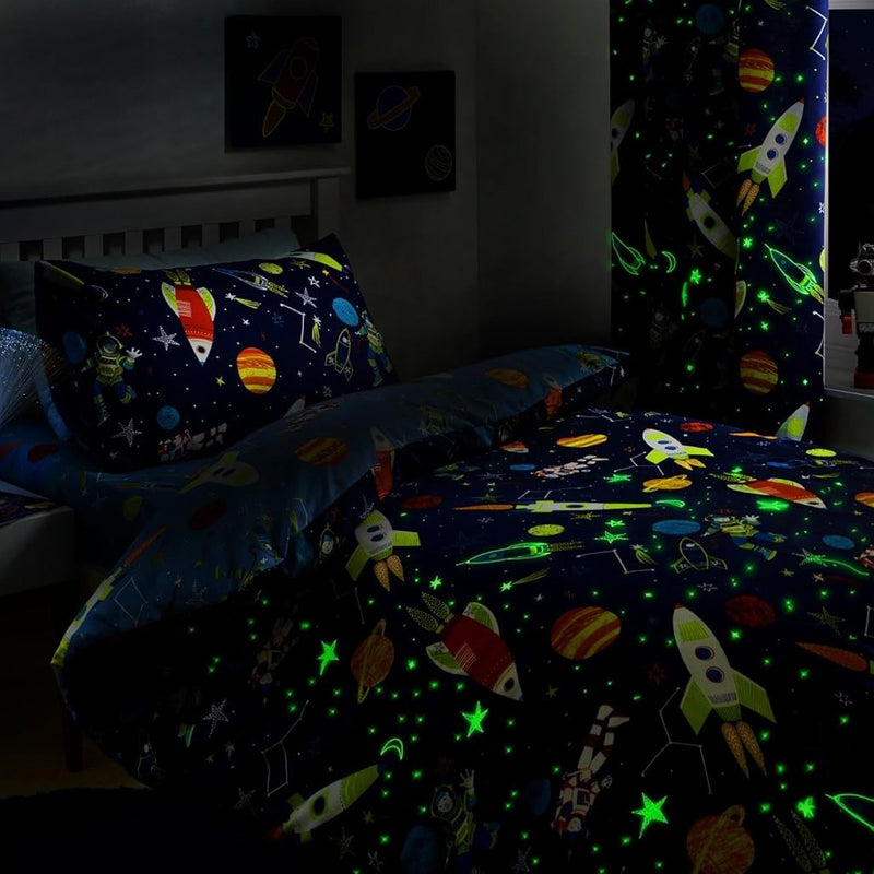 Bedlam Supersonic Reversible Glow in the Dark Junior Bed Duvet Cover and Pillowcase Set at night | Cot, Cot Bed & Toddler Bed Bedding | Bedding - Clair de Lune UK
