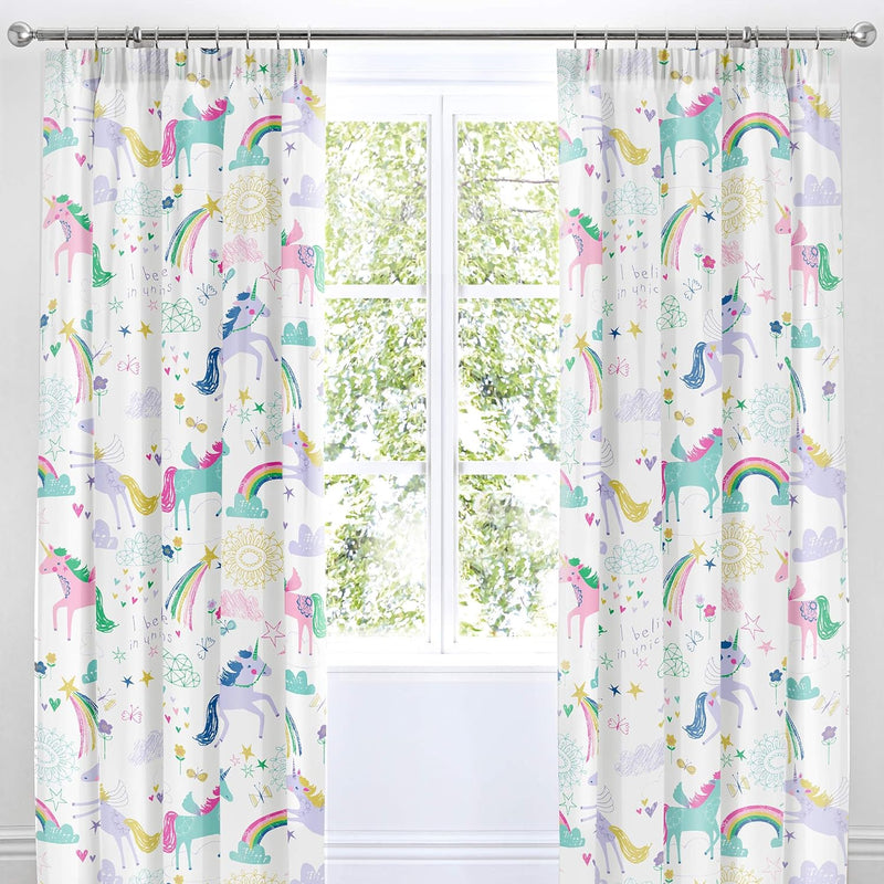 Bedlam Rainbow Unicorn Pencil Pleat Curtains - 66" Width x 72" Drop | Curtains | Nursery Decorations | Nursery Furniture - Clair de Lune UK