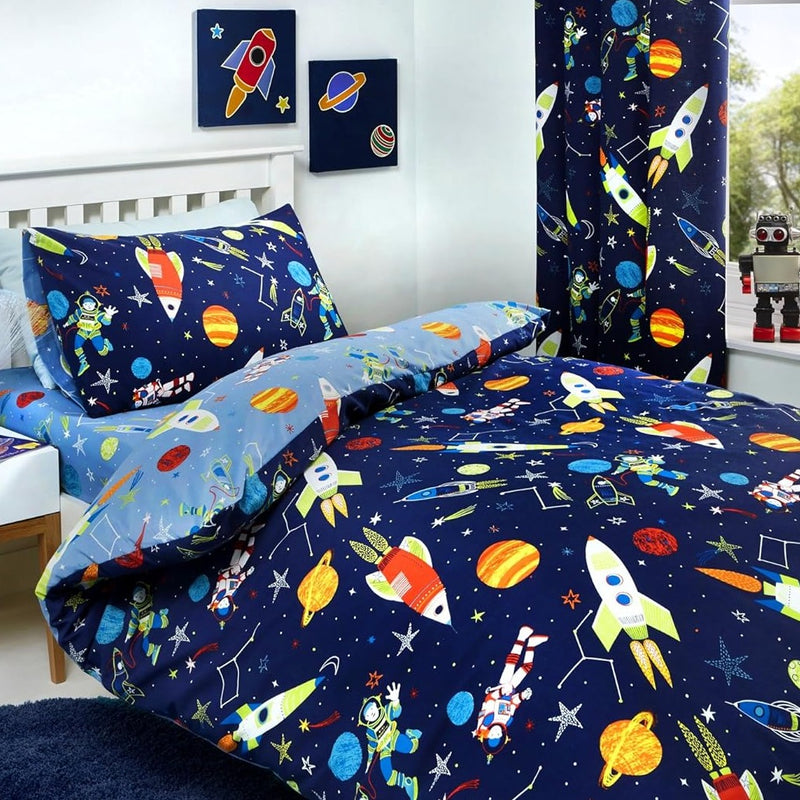Bedlam Supersonic Reversible Glow in the Dark Junior Bed Duvet Cover and Pillowcase Set with matching curtains | Cot, Cot Bed & Toddler Bed Bedding | Bedding - Clair de Lune UK