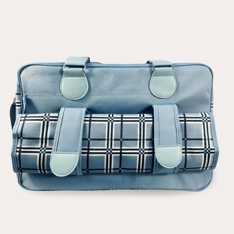 The front of the My Babiie Dani Dyer Blue Plaid Deluxe Changing Bag | Stylish Nappy Bags | Travel With Baby - Clair de Lune UK