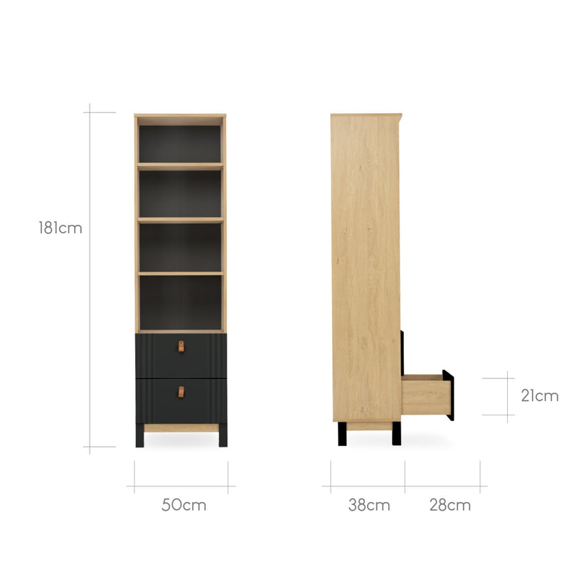 The dimensions of the bookcase from the Black and Natural CuddleCo Rafi Nursery Room Sets | Nursery Furniture Sets | Room Sets | Nursery Furniture - Clair de Lune UK