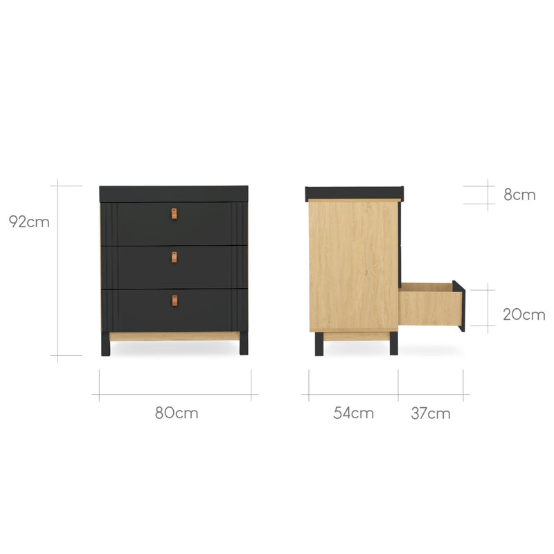 The dimensions of the changer or dresser from the Black and Natural CuddleCo Rafi Nursery Room Sets | Nursery Furniture Sets | Room Sets | Nursery Furniture - Clair de Lune UK