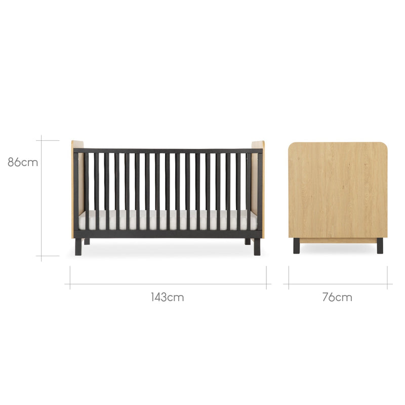 The dimensions of the cot bed from the Black and Natural CuddleCo Rafi Nursery Room Sets | Nursery Furniture Sets | Room Sets | Nursery Furniture - Clair de Lune UK