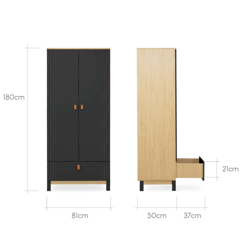 The dimensions of the wardrobe from the Black and Natural CuddleCo Rafi Nursery Room Sets | Nursery Furniture Sets | Room Sets | Nursery Furniture - Clair de Lune UK