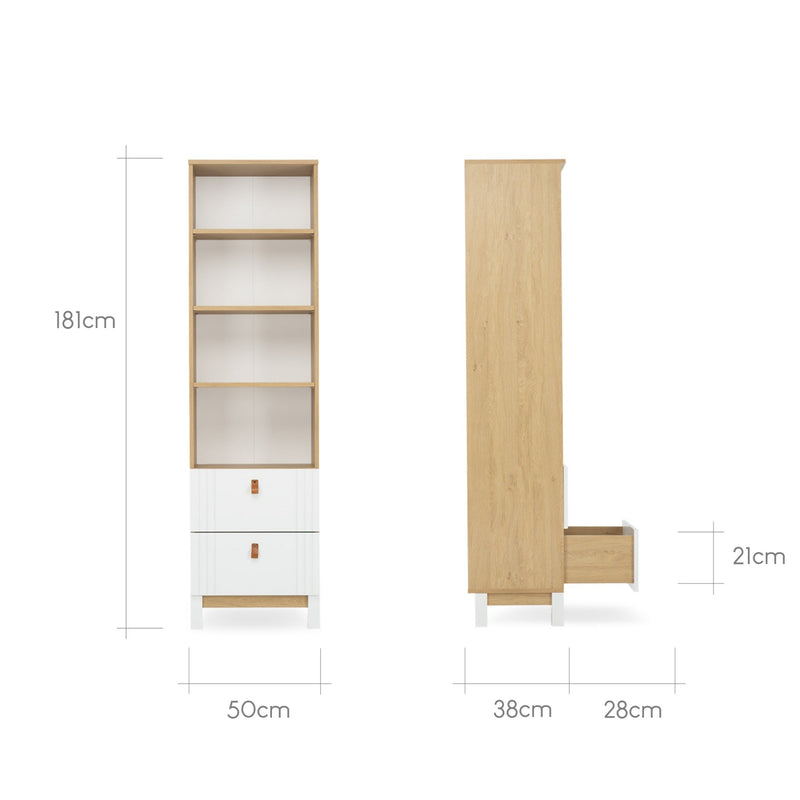 The dimensions of the white and natural bookcase from the White and Natural CuddleCo Rafi Nursery Room Sets | Nursery Furniture Sets | Room Sets | Nursery Furniture - Clair de Lune UK