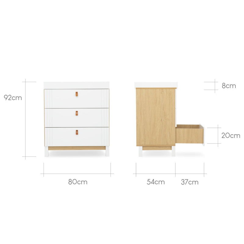 The dimensions of the white and natural changer from the White and Natural CuddleCo Rafi Nursery Room Sets | Nursery Furniture Sets | Room Sets | Nursery Furniture - Clair de Lune UK
