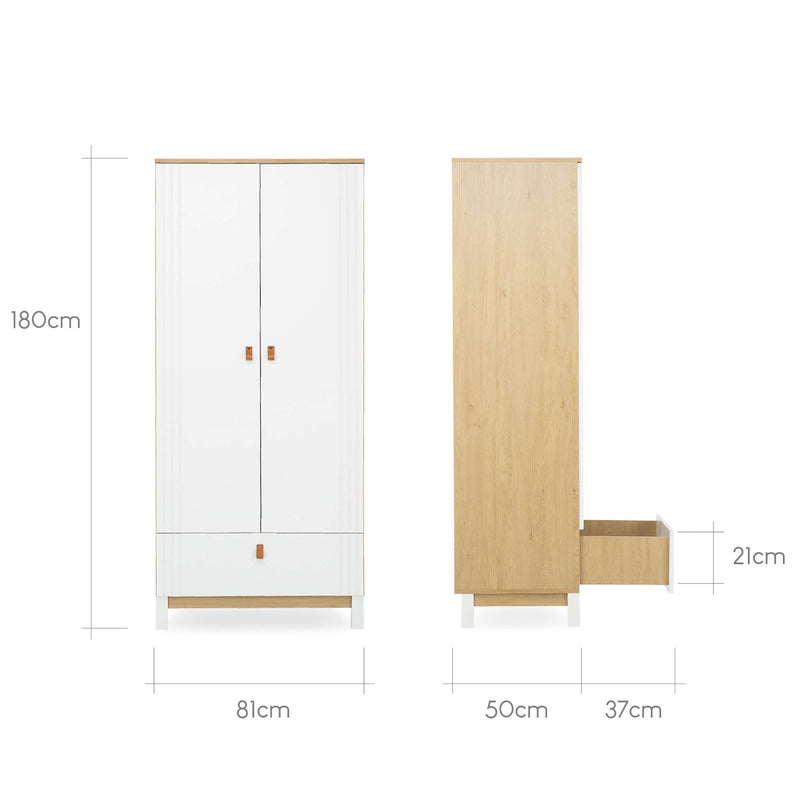 The dimensions of the white and natural double wardrobe from the White and Natural CuddleCo Rafi Nursery Room Sets | Nursery Furniture Sets | Room Sets | Nursery Furniture - Clair de Lune UK