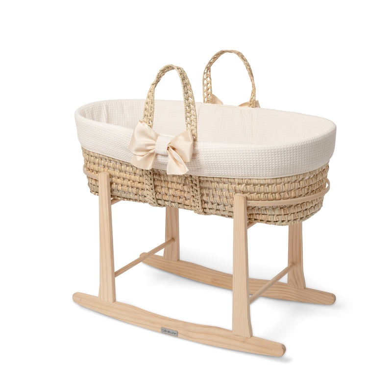 Cream 80th Anniversary Chelsea Palm Moses Basket on the Natural Standard Rocking Stand | Moses Baskets and Stands | Co-sleepers | Nursery Furniture - Clair de Lune UK