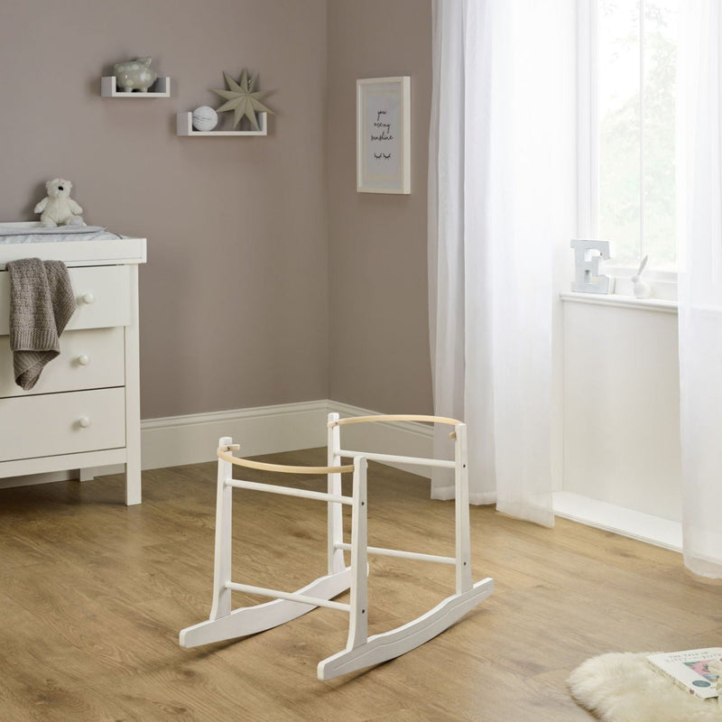 White Standard Rocking Moses Basket Stand next to a changing unit in a nursery room | Moses Basket Stands | Moses Baskets and Stands | Co-sleepers | Nursery Furniture - Clair de Lune UK