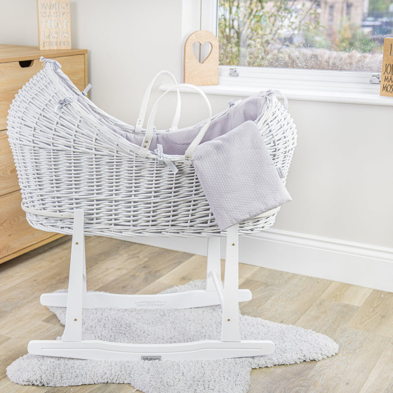 A White Wicker Noah Pod on the White Standard Rocking Moses Basket Stand | Moses Basket Stands | Moses Baskets and Stands | Co-sleepers | Nursery Furniture - Clair de Lune UK