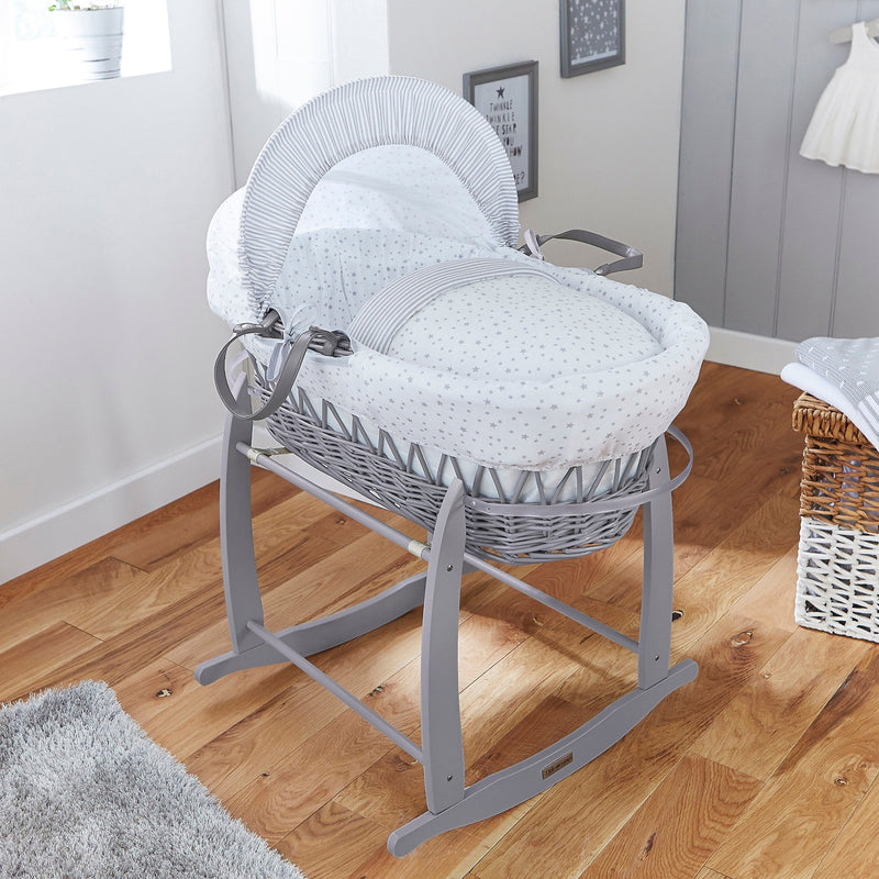 A Grey Wicker Moses Basket on the Grey Deluxe Rocking Moses Basket Stand | Moses Basket Stands | Moses Basket Accessories | Co-sleepers | Nursery Furniture - Clair de Lune UK