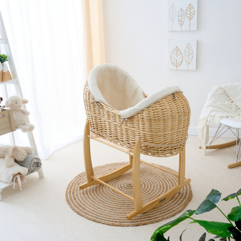 The Cream Organic Natural Noah Pod on the Natural Deluxe Deluxe Rocking Moses Basket Stand | Moses Basket Stands | Moses Basket Accessories | Co-sleepers | Nursery Furniture - Clair de Lune UK