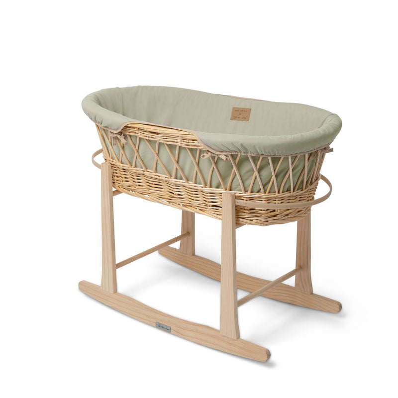 Sage Green Organic Natural Wicker Moses Basket on the Natural Rocking Stand | Moses Baskets | Co-sleepers | Nursery Furniture - Clair de Lune UK