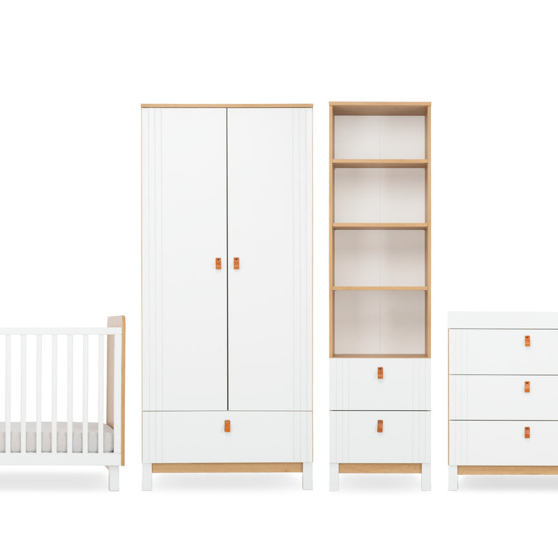 The 4-Piece Room Set including a white and natural cot bed, a matching double wardrobe, a matching bookcase and a matching dresser from the White and Natural CuddleCo Rafi Nursery Room Sets | Nursery Furniture Sets | Room Sets | Nursery Furniture - Clair 