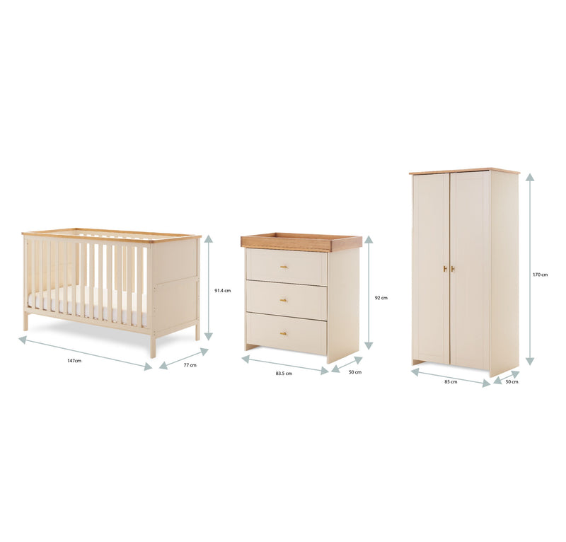 The dimensions of the cot bed, changer and wardrobe from the Obaby Evie Room Sets | Nursery Furniture Sets | Room Sets | Nursery Furniture - Clair de Lune UK