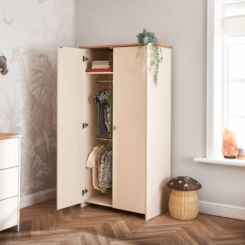 Cashmere Natural double wardrobe of the Cashmere Natural Obaby Evie Room Sets full with baby clothes | Nursery Furniture Sets | Room Sets | Nursery Furniture - Clair de Lune UK