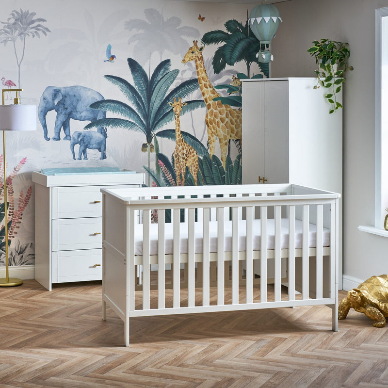 White Evie 3-Piece Room Sets including a cot bed, a changer and a wardrobe from the Obaby Evie Room Sets in a jungle safari inspired nursery room | Nursery Furniture Sets | Room Sets | Nursery Furniture - Clair de Lune UK