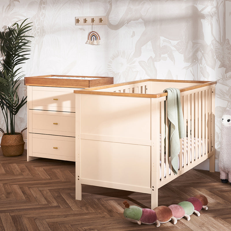 Cashmere Natural Evie 2-Piece Room Sets including a cot bed and a changer from the Obaby Evie Room Sets in a Cream Scandi jungle safari inspired nursery room | Nursery Furniture Sets | Room Sets | Nursery Furniture - Clair de Lune UK