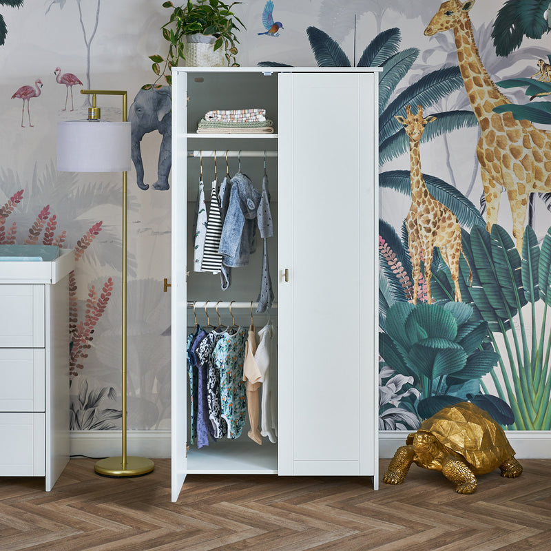 White Evie double wardrobe of the Obaby Evie Room Sets in a jungle safari inspired nursery room | Nursery Furniture Sets | Room Sets | Nursery Furniture - Clair de Lune UK