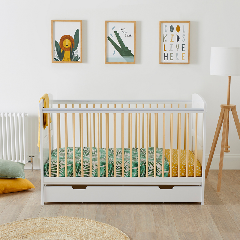 Natural and White Ickle Bubba Coleby Classic Cot Bed with a matching drawer | Cots, Cot Beds & Toddler Beds | Nursery Furniture - Clair de Lune UK