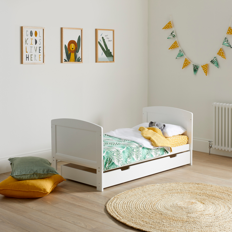 Natural and White Ickle Bubba Coleby Classic Cot Bed transformed as a toddler bed with a matching drawer | Cots, Cot Beds & Toddler Beds | Nursery Furniture - Clair de Lune UK