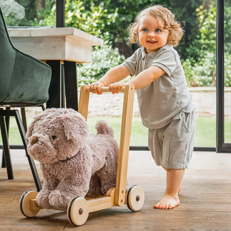 Little boy pushing the Little Bird Told Me Bailey Dog Push Along, Baby Walker and Ride On in a green natural living room | Montessori Activities For Babies & Kids | Toys | Baby Shower, Birthday & Christmas Gifts - Clair de Lune UK