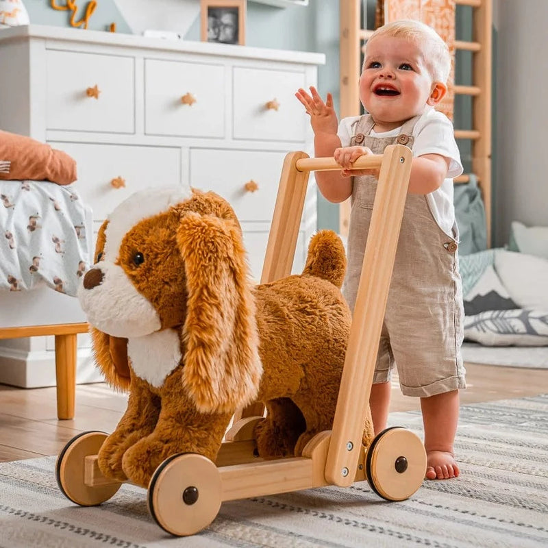  Toddler boy pushing his favourite fluffy Little Bird Told Me Peanut Pup 2in1 Push Along, Baby Walker and Ride On improving his motor gross skills | Baby Walkers and Ride On Toys | Montessori Activities For Babies & Kids | Toys | Baby Shower, Birthday & C