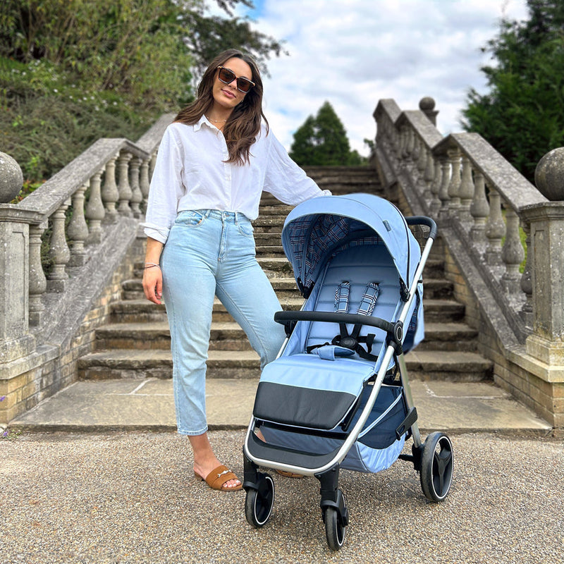 Mom next her baby's My Babiie MB160 Dani Dyer Blue Plaid Pushchair | Buggies, Strollers & Pushchairs | Travel With Your Baby - Clair de Lune UK