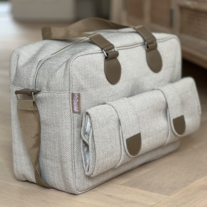 The back of My Babiie Billie Faiers Oatmeal Herringbone Deluxe Changing Bag | Stylish Nappy Bags | Travel With Baby - Clair de Lune UK