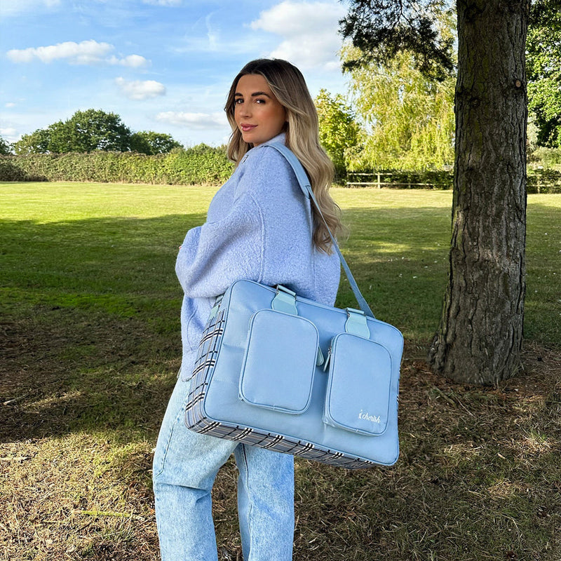 Dani Dyer wearing her My Babiie Dani Dyer Blue Plaid Deluxe Changing Bag | Stylish Nappy Bags | Travel With Baby - Clair de Lune UK