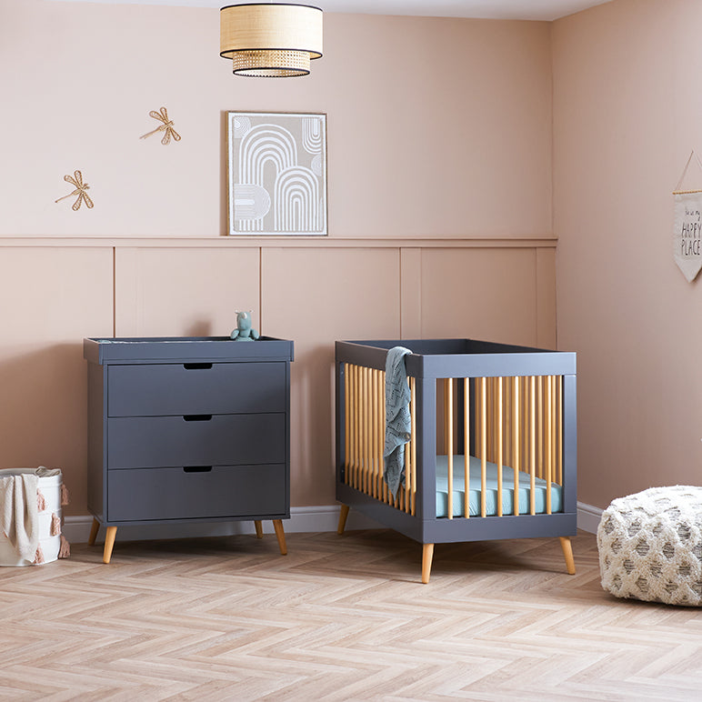  The dresser and cot bed from the Scandi Slate Obaby Maya Mini 3 Piece Room Set with the cot bed transformed to a toddler bed | Nursery Furniture Sets | Room Sets | Nursery Furniture - Clair de Lune UK