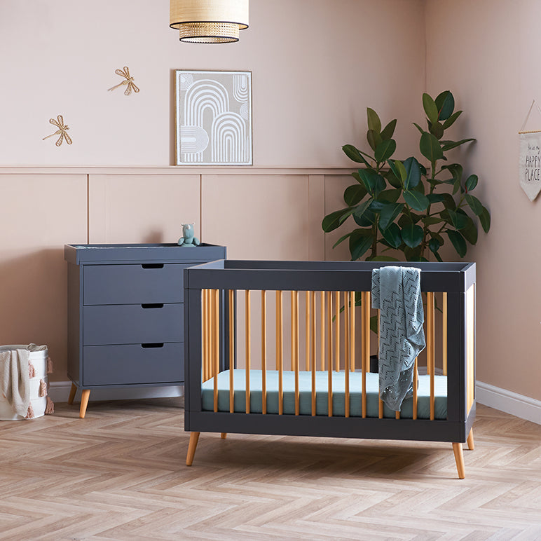 Scandi Slate Obaby Maya Mini 2 Piece Room Set with the cot bed as a toddler bed in a Scandi-inspired nursery room | Nursery Furniture Sets | Room Sets | Nursery Furniture - Clair de Lune UK