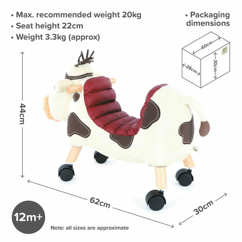 The dimensions of the Little Bird Told Me Moobert Cow Ride On Toy | Baby Walkers and Ride On Toys | Montessori Activities For Babies & Kids | Toys | Baby Shower, Birthday & Christmas Gifts - Clair de Lune UK 
