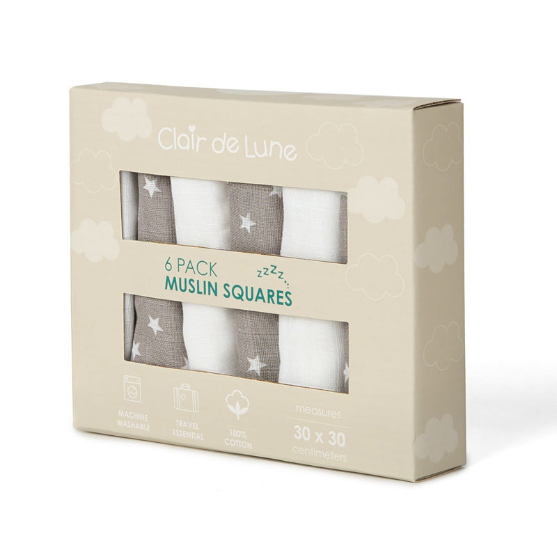 6 Pack Star Muslin Squares - 30 x 30 cm in a gift box | Feeding Essentials | Feeding & Weaning | Toddler Essentials - Clair de Lune UK