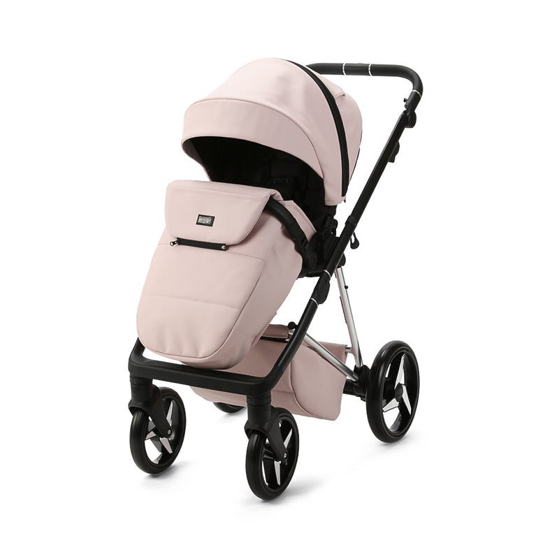 Pretty in Pastel Pink Mee-go 2in1 Milano Quantum Pushchair (With Carrycot) coming up with a matching cosy baby footmuff | Pushchairs and Travel Systems | Baby & Kid Travel - Clair de Lune UK