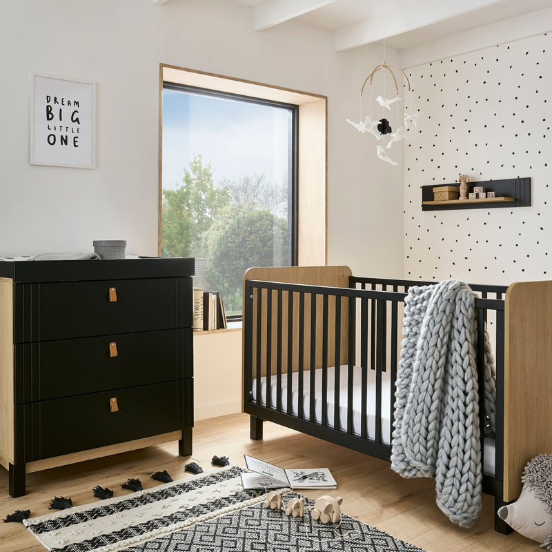 The 2-Piece Room Set including a black and natural cot bed and a matching dresser from the Black and Natural CuddleCo Rafi Nursery Room Sets in a monochrome style nursery furniture room | Nursery Furniture Sets | Room Sets | Nursery Furniture - Clair de L