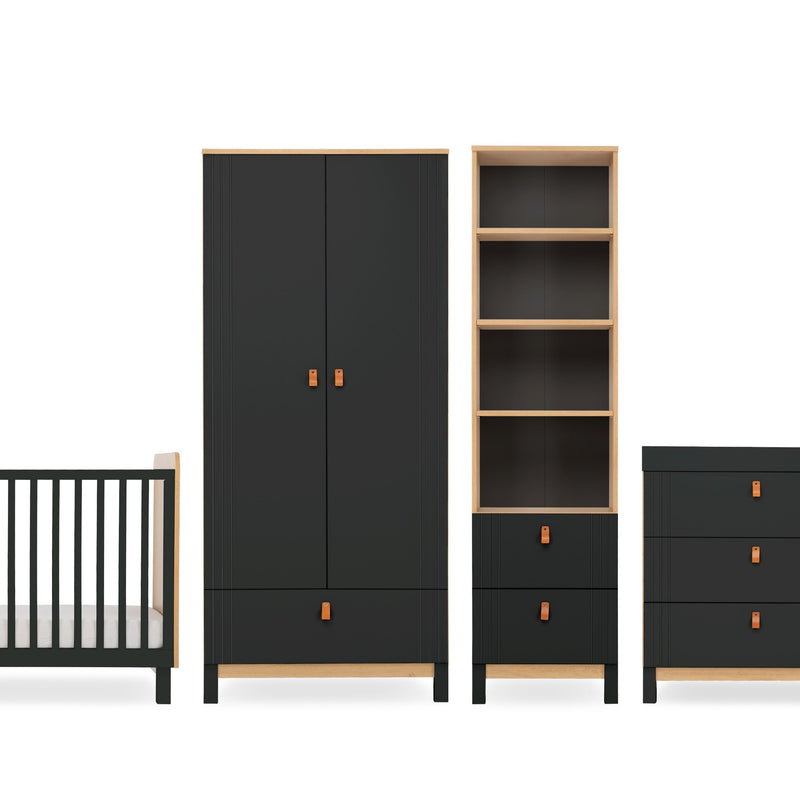 The 4-Piece Room Set including a black and natural cot bed, a matching double wardrobe, a matching bookcase and a matching dresser from the Black and Natural CuddleCo Rafi Nursery Room Sets in a monochrome style nursery furniture room | Nursery Furniture 