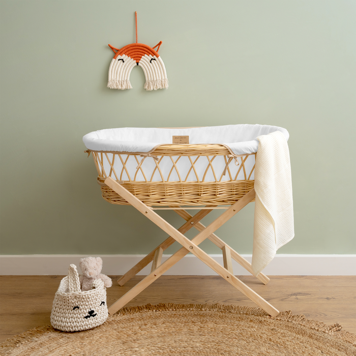 White Organic Natural Wicker Moses Basket on the Natural Folding Stand | Moses Baskets | Co-sleepers | Nursery Furniture - Clair de Lune UK