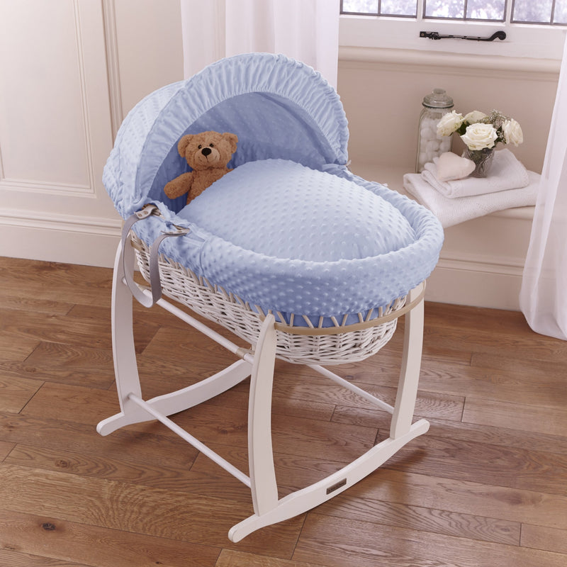 Blue White Wicker Moses Basket on the White Deluxe Rocking Moses Basket Stand | Moses Basket Stands | Moses Basket Accessories | Co-sleepers | Nursery Furniture - Clair de Lune UK