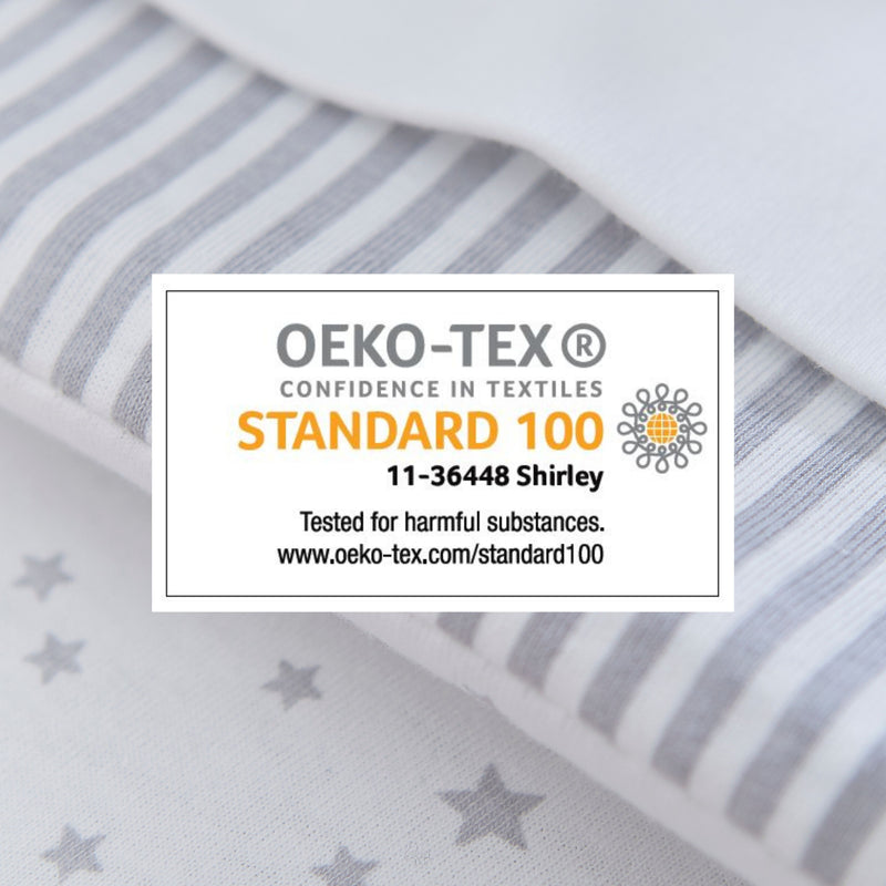 The OEKO-TEX 100 certification of the Stars & Stripes 2 Pack Fitted Cot Bed Sheets - 140 x 70 cm | Soft Baby Sheets | Cot, Cot Bed, Pram, Crib & Moses Basket Bedding - Clair de Lune UK
