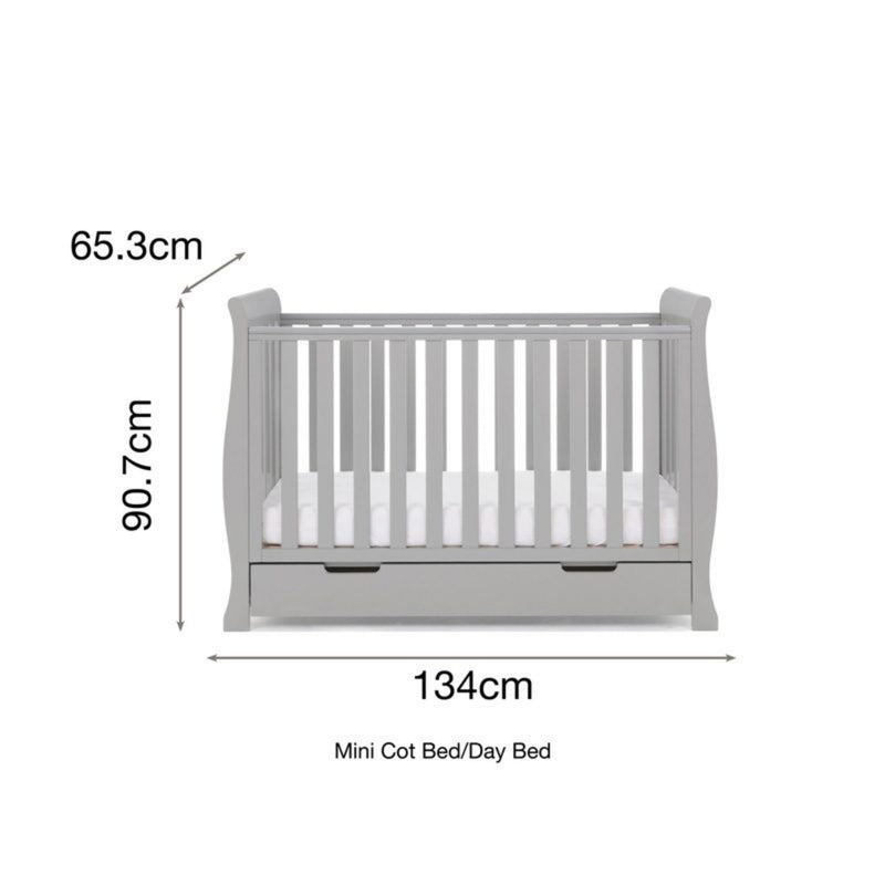 The dimensions of the warm grey Obaby Stamford Mini Sleigh Cot Bed | Cots, Cot Beds, Toddler & Kid Beds | Nursery Furniture - Clair de Lune UK