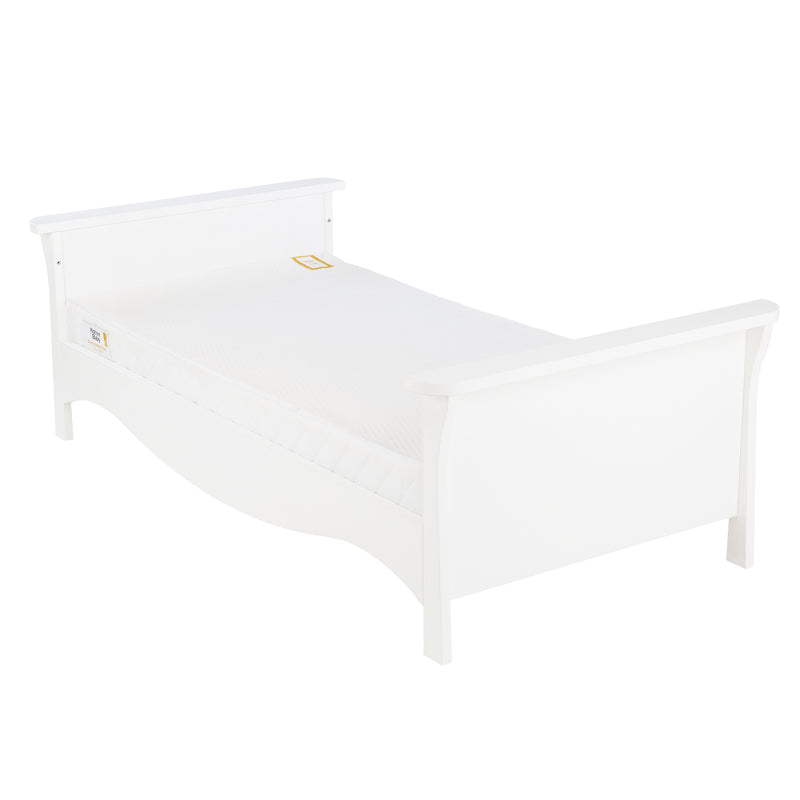 The cot bed of the White CuddleCo Clara 3pc Nursery Set - 3 Drawer Dresser/Changer, Cot Bed & Wardrobe transformed to a toddler bed | Nursery Furniture Sets | Room Sets | Nursery Furniture - Clair de Lune UK