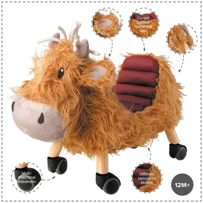 Little Bird Told Me Hubert Highland Cow Ride On Toy made from premium materials for a comfortable ride | Baby Walkers and Ride On Toys | Montessori Activities For Babies & Kids | Toys | Baby Shower, Birthday & Christmas Gifts - Clair de Lune UK